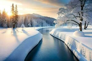 a river runs through a snowy landscape. AI-Generated photo