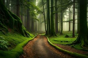 a path through a green forest with mossy trees. AI-Generated photo