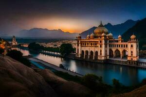el puesta de sol terminado el palacio en India. generado por ai foto