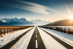 a long road with snow covered mountains in the background. AI-Generated photo
