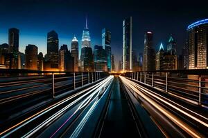 un ciudad horizonte a noche con ligero caminos. generado por ai foto