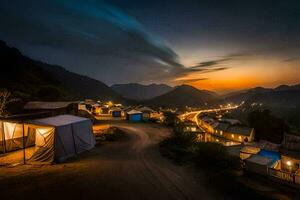 un pueblo a noche con luces en el la carretera. generado por ai foto