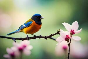 un azul y naranja pájaro se sienta en un rama con rosado flores generado por ai foto