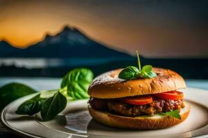 un hamburguesa en un plato con un montaña en el antecedentes. generado por ai foto