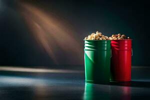 two red and green buckets with nuts on a dark surface. AI-Generated photo