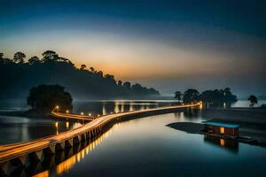a bridge over a river at dusk with lights on. AI-Generated photo