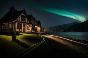 a house with a green aurora light above it. AI-Generated photo