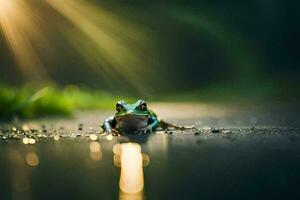 a frog sitting on the ground in the sunlight. AI-Generated photo