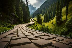 a road in the mountains with trees and grass. AI-Generated photo