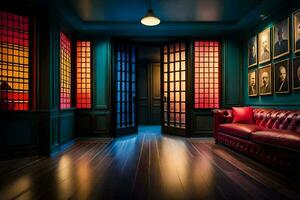 a room with red leather couches and blue walls. AI-Generated photo