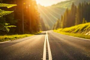 un la carretera con arboles y Dom brillante en el antecedentes. generado por ai foto