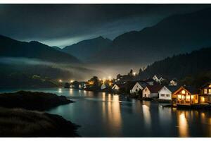 a lake and houses in the mountains at night. AI-Generated photo
