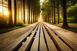a long wooden path in the middle of a forest. AI-Generated photo