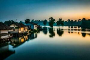 houses on the water at sunset. AI-Generated photo