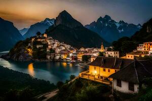 photo wallpaper the sky, mountains, water, houses, lake, sunset, the village, the. AI-Generated