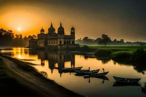 the sun rises over a lake with boats in the water. AI-Generated photo