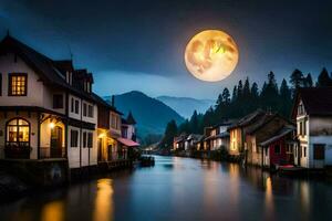foto fondo de pantalla el luna, noche, río, casas, luna, río, luz de la luna, Luna. generado por ai