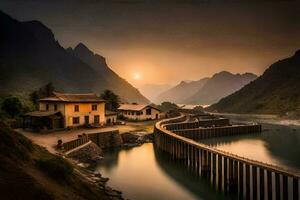 un casa se sienta en un puente terminado un río. generado por ai foto