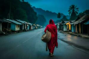 a woman in red is walking down a road. AI-Generated photo