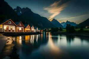 foto fondo de pantalla el cielo, montañas, agua, casa, montañas, Noruega, el cielo,. generado por ai