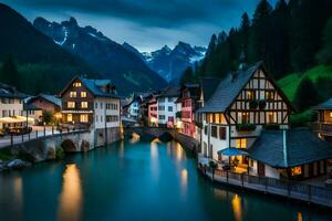 photo wallpaper night, river, mountains, houses, alpine, alpine village, alpine. AI-Generated