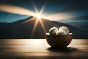 three eggs in a wooden bowl on a table with a mountain in the background. AI-Generated photo