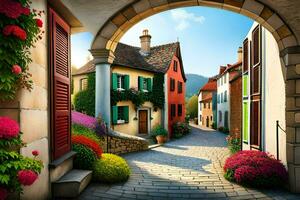 a street with colorful houses and flowers. AI-Generated photo