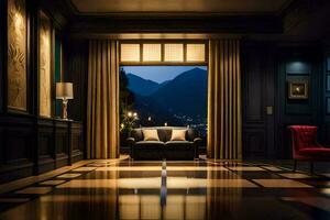 a room with a view of mountains and a couch. AI-Generated photo