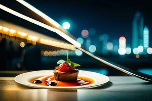 a dessert on a plate with a city skyline in the background. AI-Generated photo