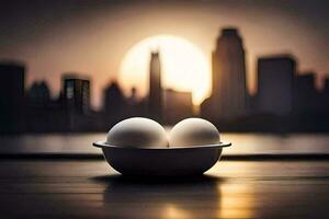 dos huevos en un cuenco en un mesa con un ciudad en el antecedentes. generado por ai foto