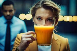 un mujer es participación un vaso de naranja jugo. generado por ai foto