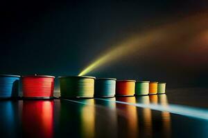 a row of colorful cans on a dark background. AI-Generated photo