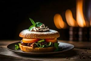 a hamburger with toppings on a plate. AI-Generated photo
