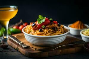 spaghetti with meat and vegetables in a bowl. AI-Generated photo