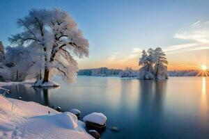 photo wallpaper the sky, trees, lake, snow, trees, winter, trees, lake,. AI-Generated