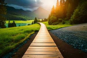 a wooden path leads to a lake and mountains. AI-Generated photo