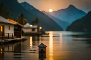 un casa en el agua con un montaña en el antecedentes. generado por ai foto