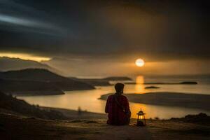 a woman sits on the edge of a cliff overlooking a lake and sunset. AI-Generated photo