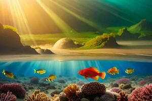 the sun shines over an underwater scene with fish and coral. AI-Generated photo