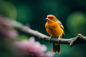 a small orange bird is sitting on a branch. AI-Generated photo