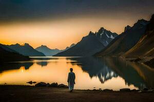 un hombre en pie en frente de un lago a puesta de sol. generado por ai foto