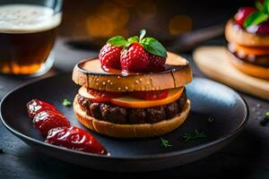 a hamburger with strawberries and a beer. AI-Generated photo