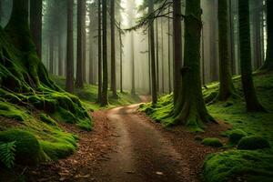 un suciedad la carretera en un verde bosque con cubierto de musgo arboles generado por ai foto