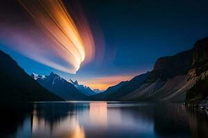 a long exposure photograph of a mountain range and lake at night. AI-Generated photo