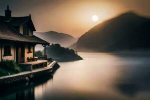 a house sits on the edge of a lake at sunset. AI-Generated photo