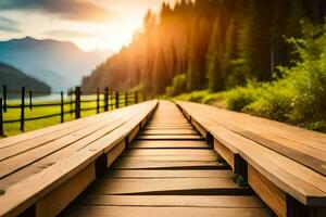 a wooden walkway leads to a mountain range. AI-Generated photo