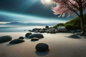 un playa con piedras y un árbol. generado por ai foto