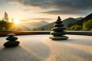 un zen jardín con rocas y un montaña en el antecedentes. generado por ai foto