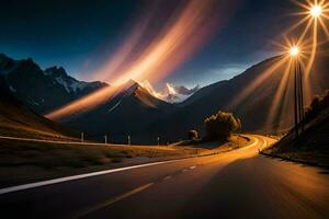 un la carretera en el montañas con ligero caminos. generado por ai foto