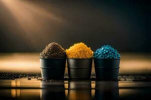 three buckets with different colored food in them. AI-Generated photo